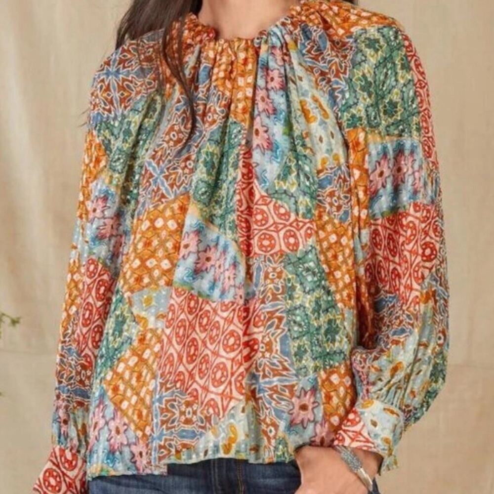 Marie Oliver Jenna Patchwork Print Silk Blend Tie Neck Blouse L
